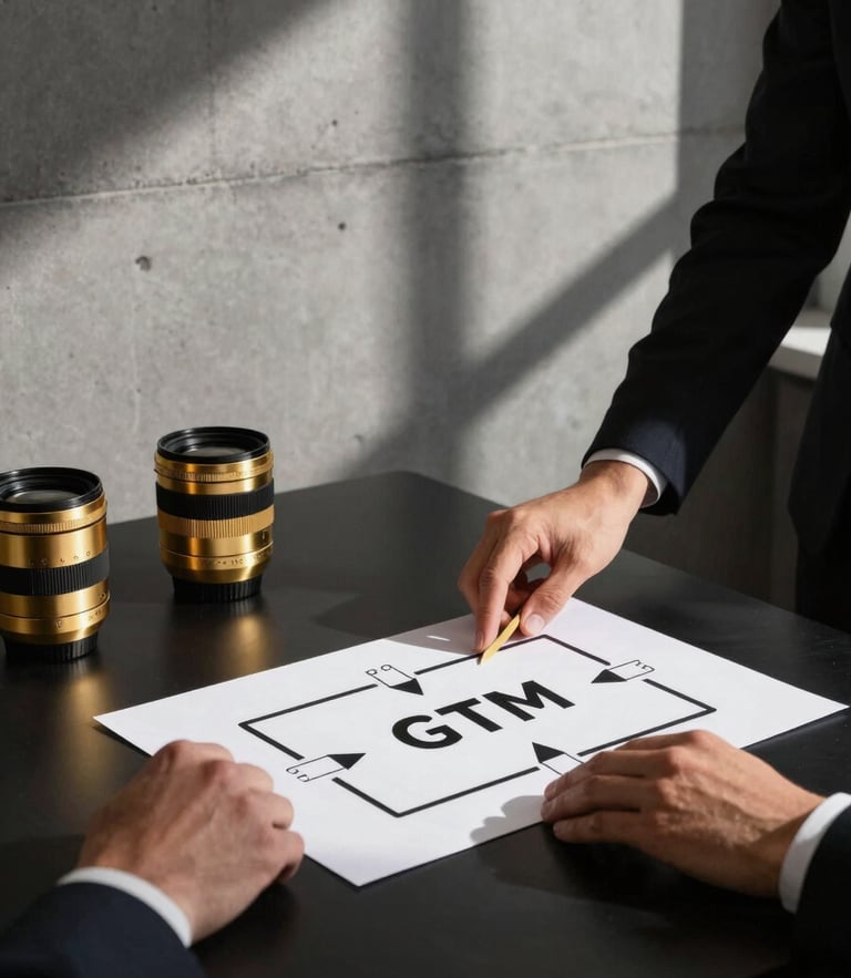Executive planning session, architectural shadows on a concrete wall, hands mapping a GTM framework on a clean black desk, high-contrast lighting, gold accents, 35mm lens.