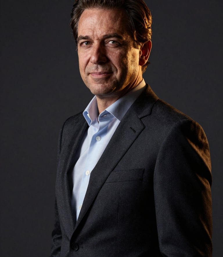 Professional executive portrait of Leo Colella in a dark tailored suit, high-contrast side lighting, deep charcoal background, commanding and warm expression, editorial corporate photography