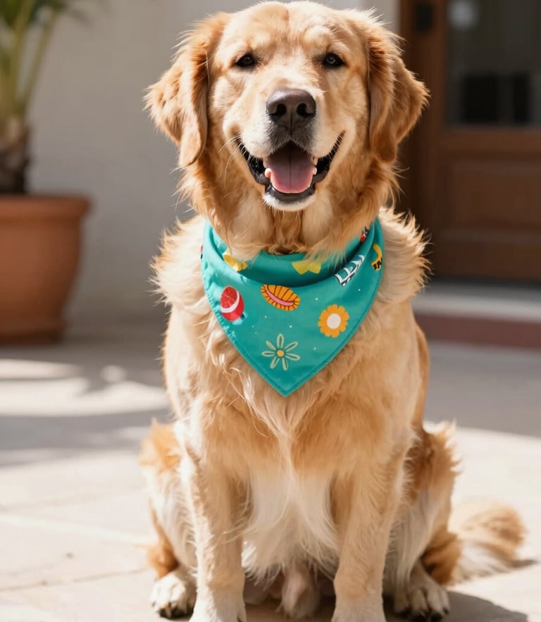 A happy golden retriever sitting on a sunny patio in Mexico, wearing a colorful custom-tailored teal pet bandana, bright natural daylight, warm tones, shallow depth of field, 50mm lens.