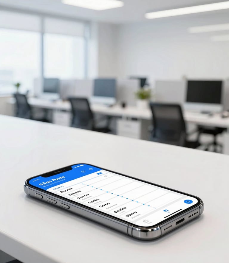 Clean modern office workspace in São Paulo, bright high-key lighting, smartphone on a desk showing a structured sales pipeline, professional 35mm