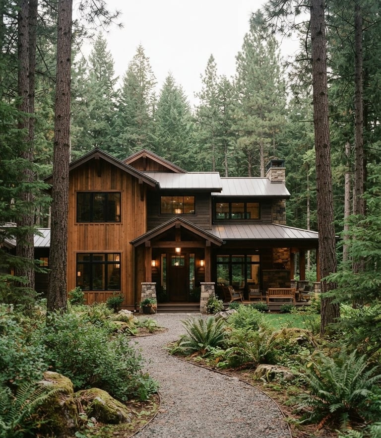 Warm editorial architectural photography of a finished custom home exterior framed by tall pine trees in Post Falls, soft overcast Pacific Northwest daylight, rich forest greens and natural wood tones, 35mm
