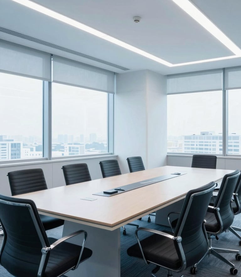 Medium wide environmental shot of a bright modern corporate boardroom in Mumbai, cool blue tones, sharp focus, 35mm