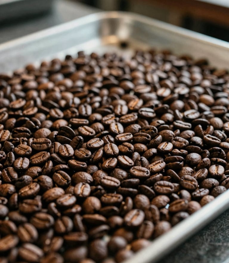 Freshly roasted coffee beans cooling in a large metal tray, warm workshop light, shallow depth of field.