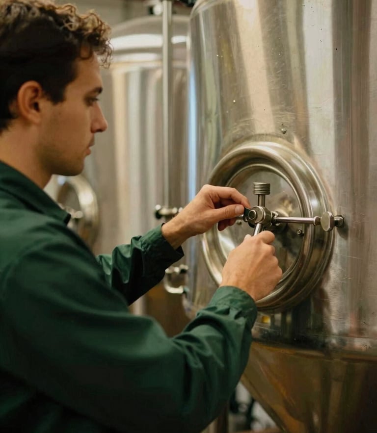 A technician in a dark green uniform servicing a commercial brewer, warm workshop light, close-up on hands with tools.