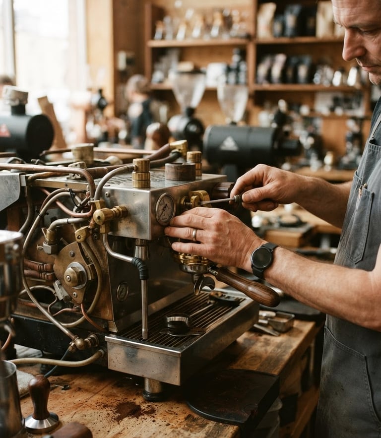 A technician's hands calibrating a commercial espresso machine in a warm, industrial workshop setting, rich earthy tones, shallow depth of field