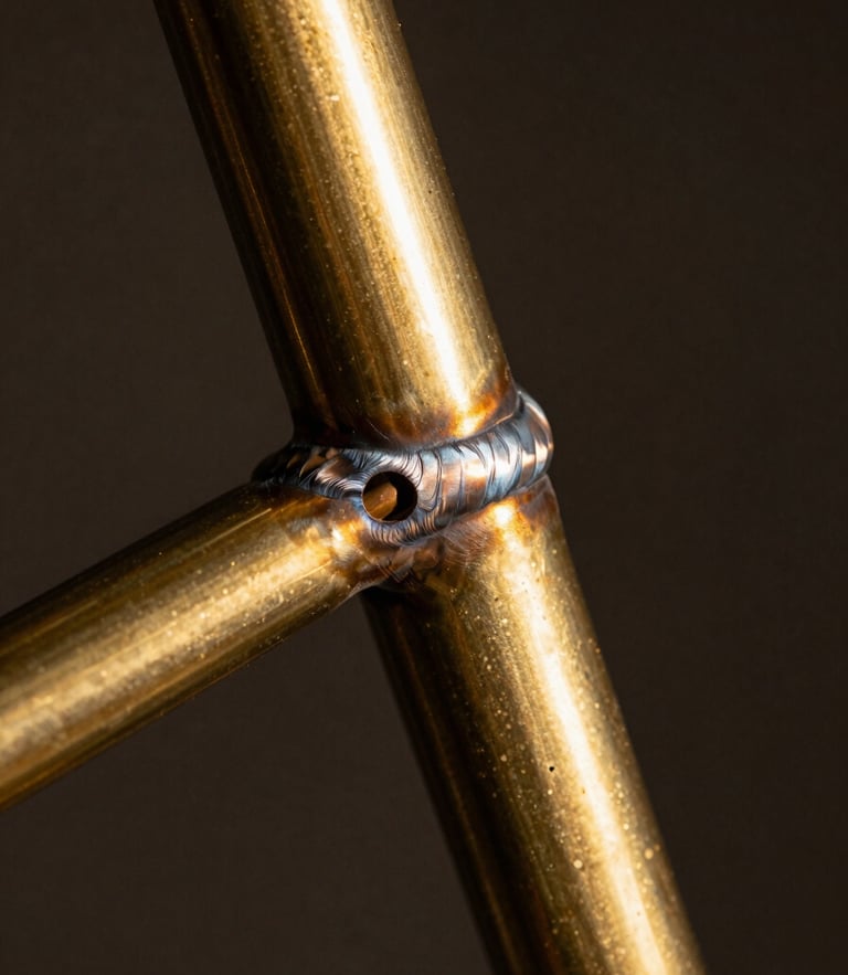 Extreme close-up of a brass fillet weld on a raw steel bicycle frame, warm editorial photography, dramatic studio spotlighting, rich textures, deep shadows, 35mm