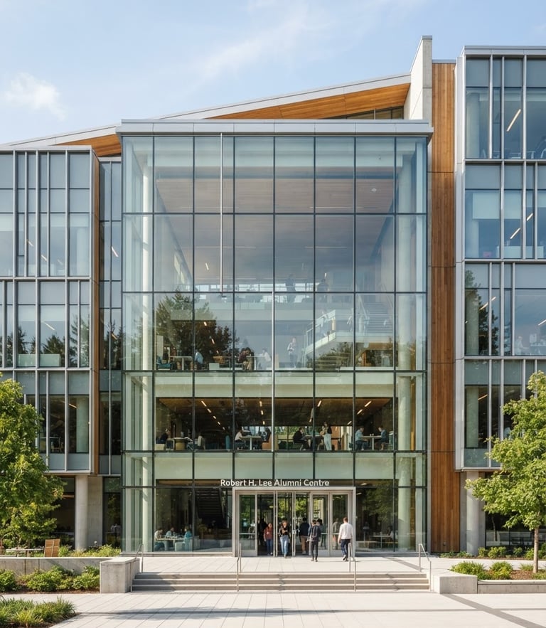 Bright editorial photography of a modern university building facade with a clean glass atrium, soft natural daylight, sharp focus, 35mm lens