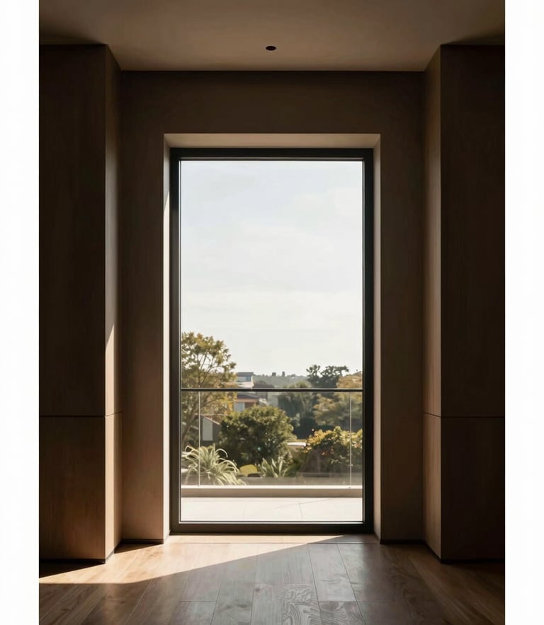 Editorial architectural photography of a minimalist luxury residential interior, straight-on perspective, warm natural window light, 35mm