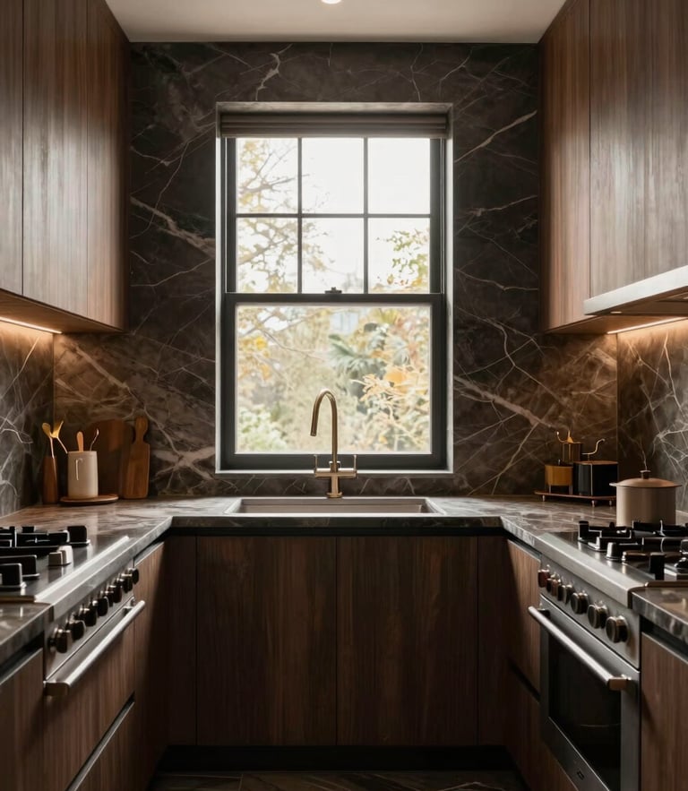 Straight-on architectural photography of a luxury kitchen with marble veining and warm natural window light, rich dark tones, 35mm