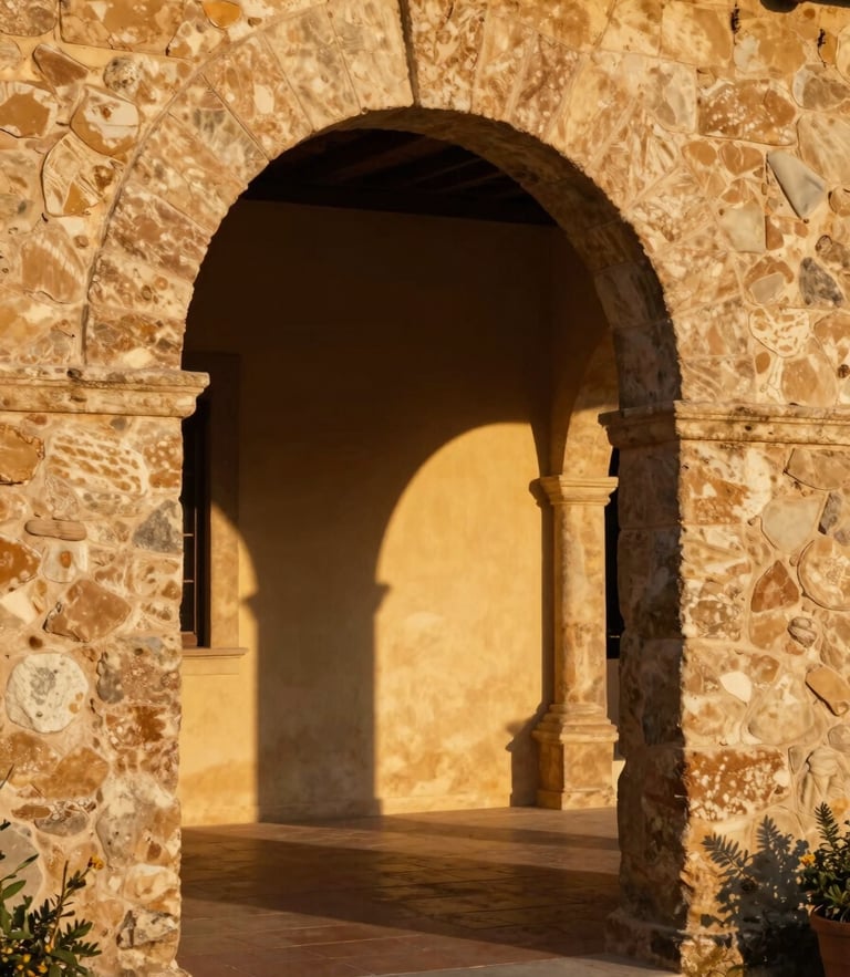 Intimate close-up of a stone archway in a Tuscan villa, warm morning sun casting long shadows, 35mm lens, rich saturated tones.