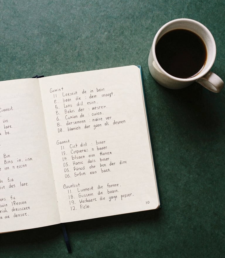 Overhead flat-lay of a clean study desk, a notebook with handwritten German grammar charts, a ceramic coffee cup, soft natural daylight, 35mm film aesthetic