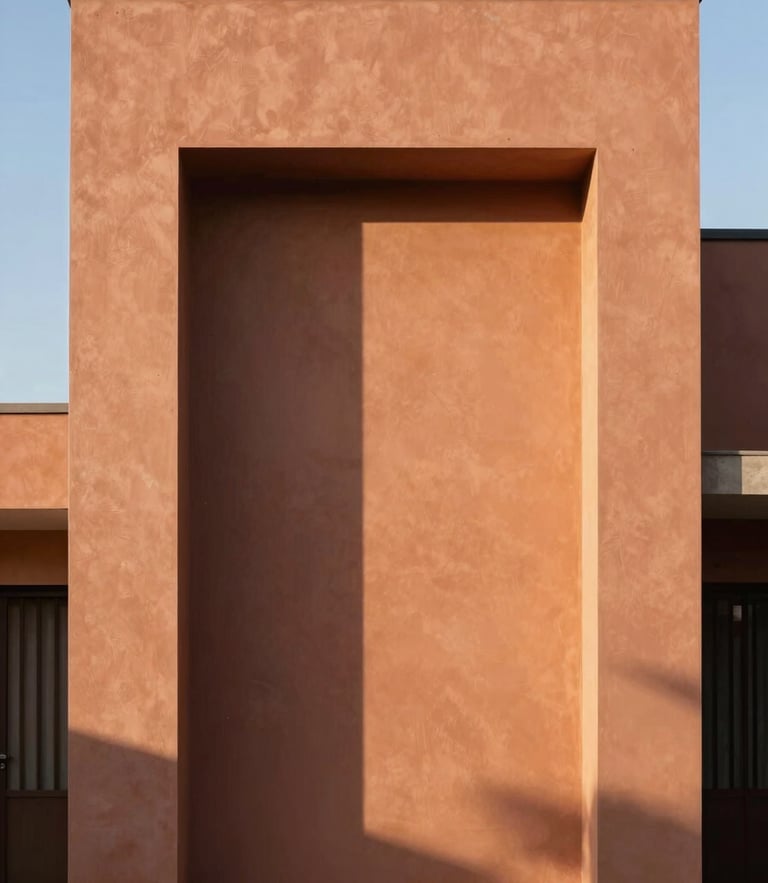 Straight-on architectural detail of a modern house facade in Cuernavaca, clean geometric lines, warm terracotta plaster, bright morning sun casting sharp shadows