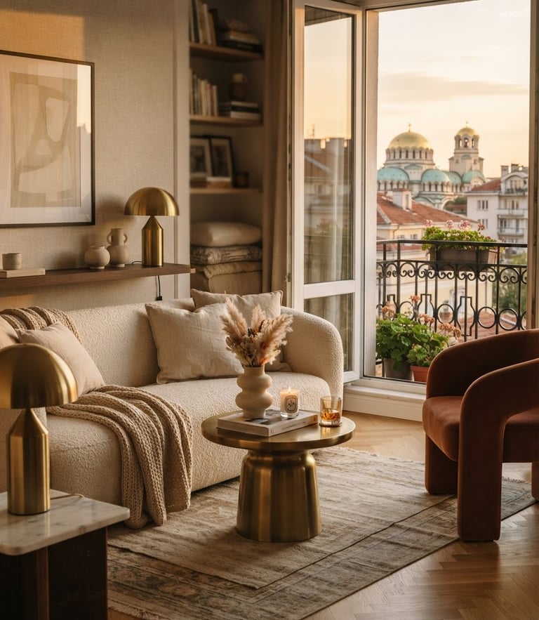 Warm editorial interior photography of a premium Sofia apartment living room, soft golden-hour window light, rich warm beige and gold tones, 35mm