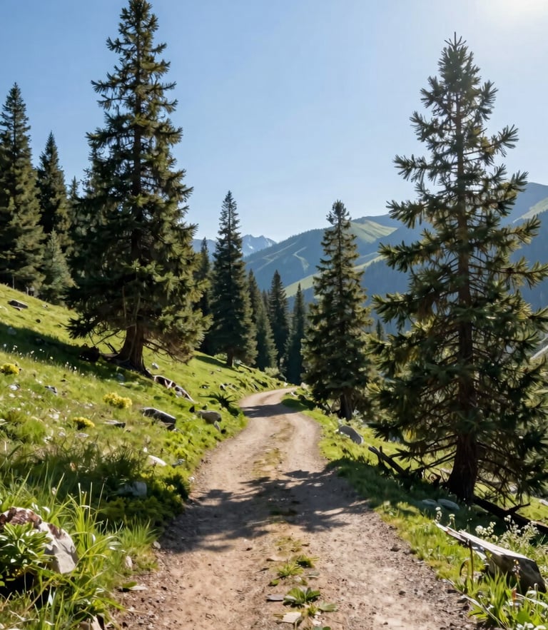 Bright sun-drenched Idaho mountain trail with pine trees, crisp morning sun, clean editorial style