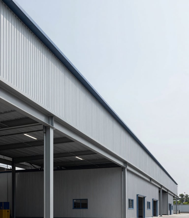 Architectural lines of a modern industrial logistics facility with clean steel beams under bright neutral daylight, cool gray tones, 35mm