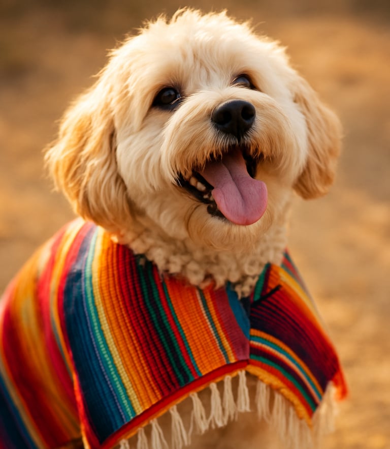 A happy fluffy dog wearing a colorful handcrafted Mexican poncho, looking up with tongue out, warm natural sunlight, shallow depth of field, 35mm lens