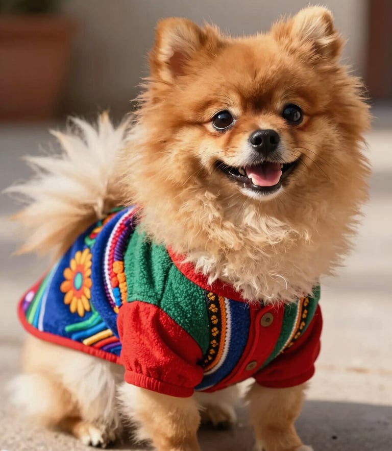 A happy fluffy Pomeranian dog wearing a colorful handcrafted Mexican artisanal shirt, looking at the camera, warm natural daylight, soft background