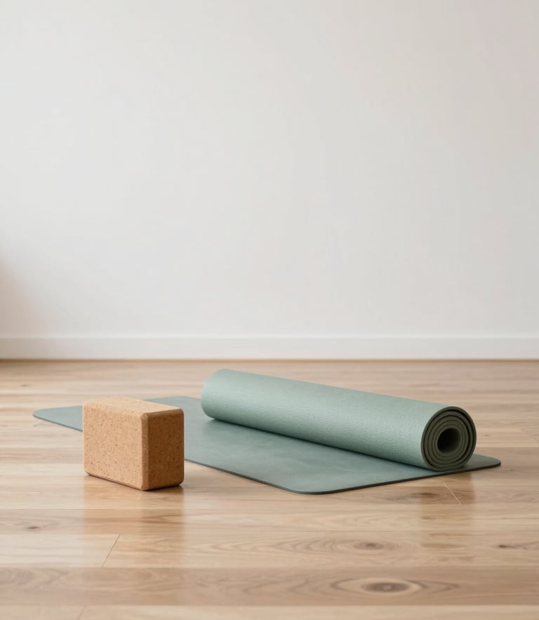 Minimalist yoga studio interior, empty wooden floor, a single cork block and a neatly rolled sage green mat, bright diffused daylight, neutral muted tones, sharp focus, 35mm