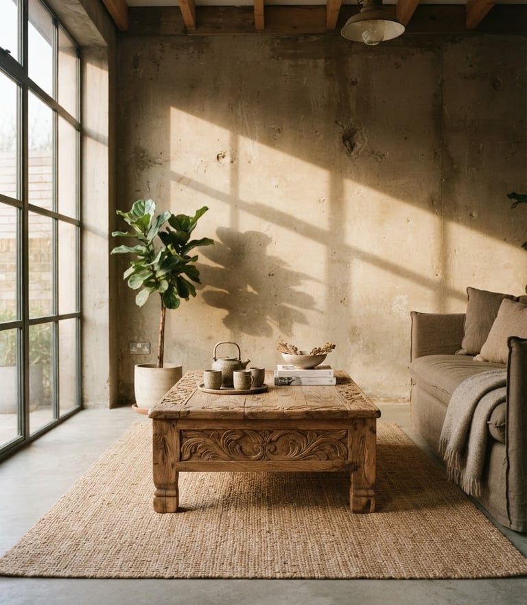 A sun-drenched architectural living room featuring a hand-carved low wooden table, soft side-lighting casting warm shadows on a concrete wall, 35mm photography.