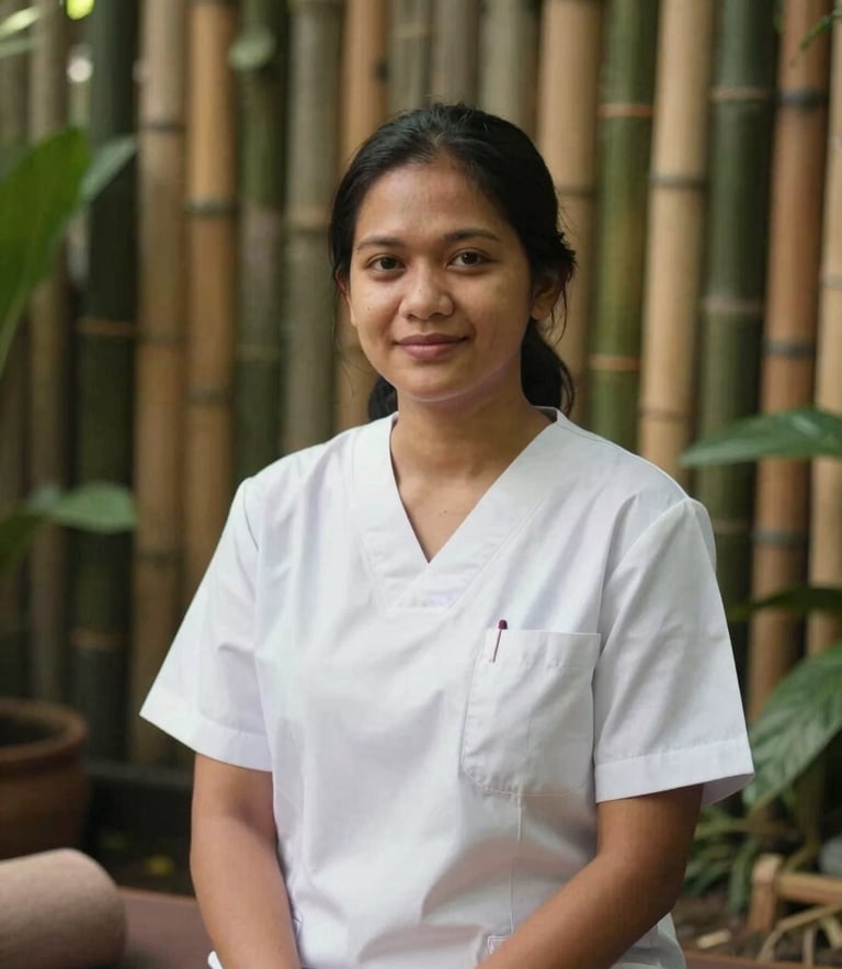 A warm professional portrait of an Indonesian therapist in a serene wellness sanctuary, soft lighting, bamboo background, shallow depth of field