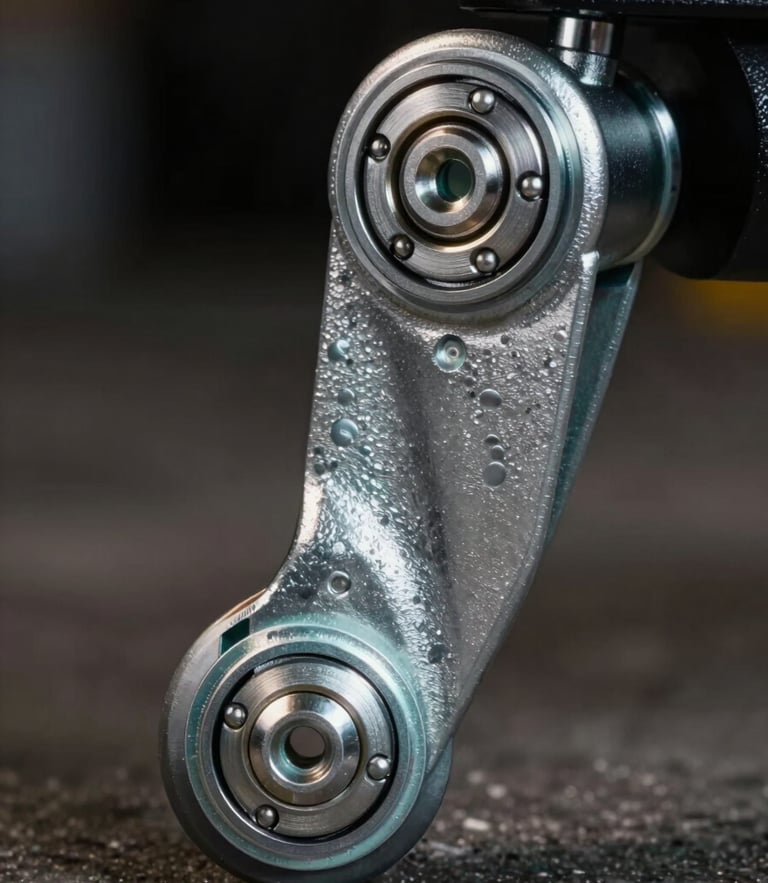 Close-up of high-quality dual-ball bearing swivel mechanism of an industrial caster, metallic textures, high-contrast engineering lighting.