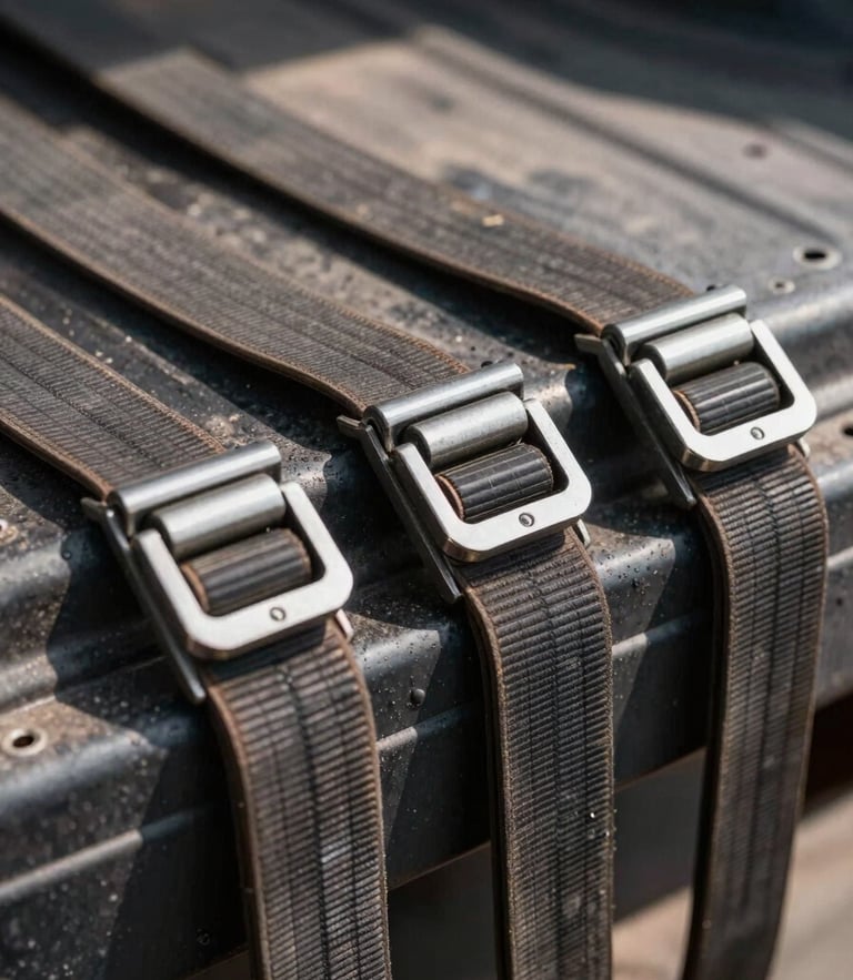 Macro shot of heavy-duty tension belts securing cargo on a truck bed, metal buckles, high contrast daylight, showing physical stability and safety.