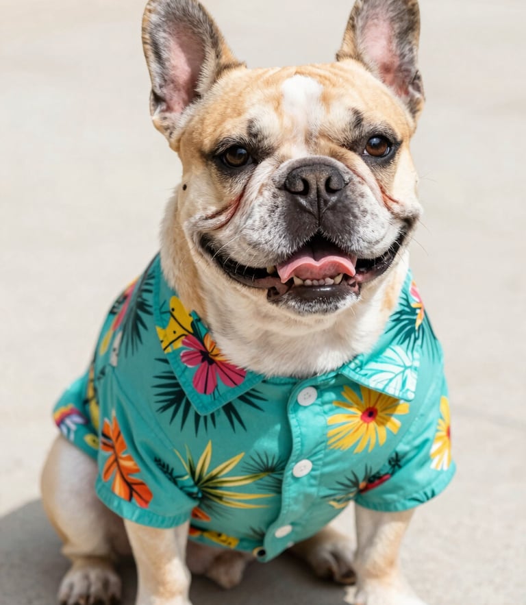 A joyful French bulldog sitting happily wearing a colorful custom-tailored tropical teal shirt, bright natural daylight, close-up shot