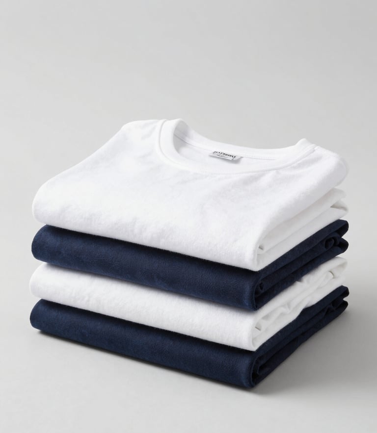 Bright high-key product photography of neatly folded apparel and home essentials on a seamless light gray backdrop, crisp studio light.