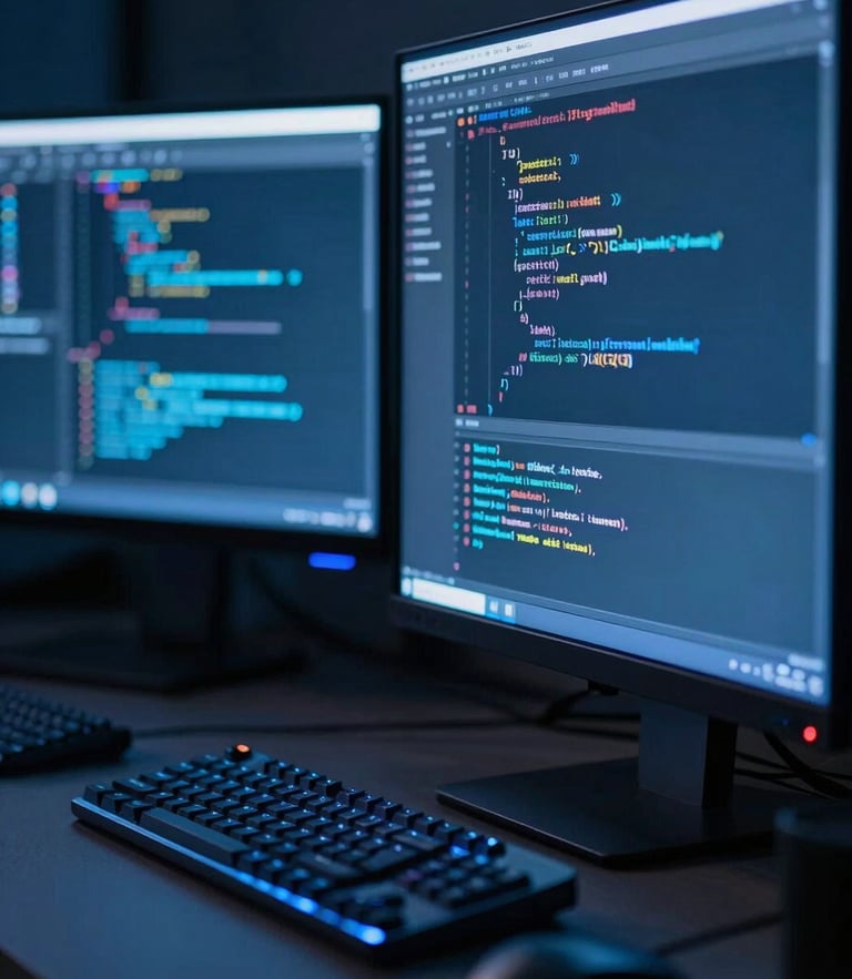 Macro shot of a clean developer workspace, cool ambient low-key light with sharp electric blue accents, glowing screens showing clean code structures, 35mm focus