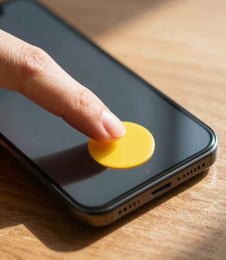 Close-up macro shot focusing on a thumb pressing a large, vibrant yellow button on a Pixel phone screen. Warm morning sunlight casts soft shadows across a wooden desk surface.