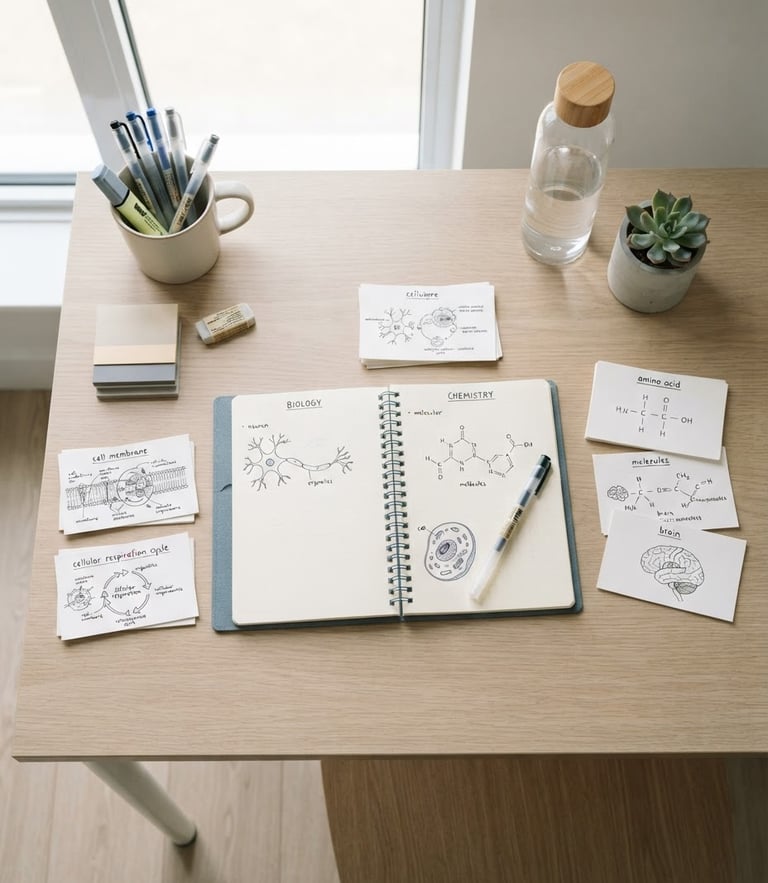 Overhead flat lay of an organized modern study desk, bright natural daylight, handwritten active-recall flashcards with precise diagrams, minimal slate-blue notebook, 35mm lens.