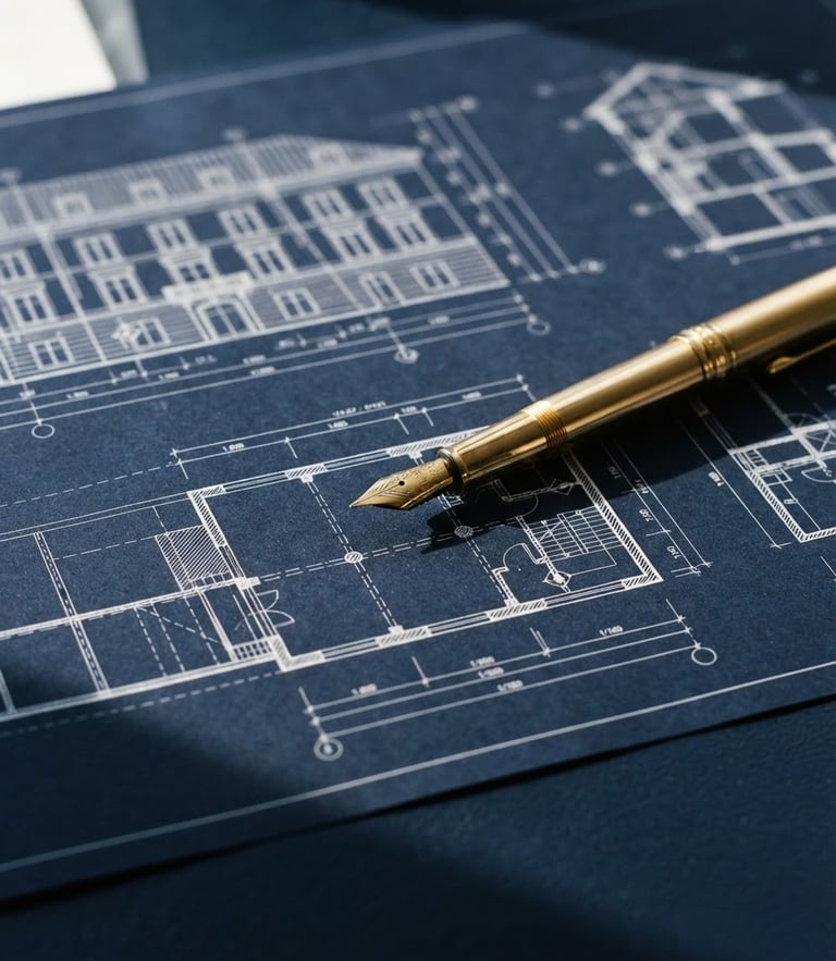 Macro shot of architectural blueprints and a gold fountain pen resting on a dark navy desk, sharp side lighting, high contrast
