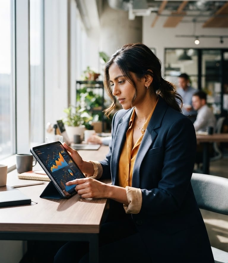 A sharp, high-contrast portrait of a digital strategist analyzing growth charts on a tablet, bright daylight, warm saffron accents, 35mm