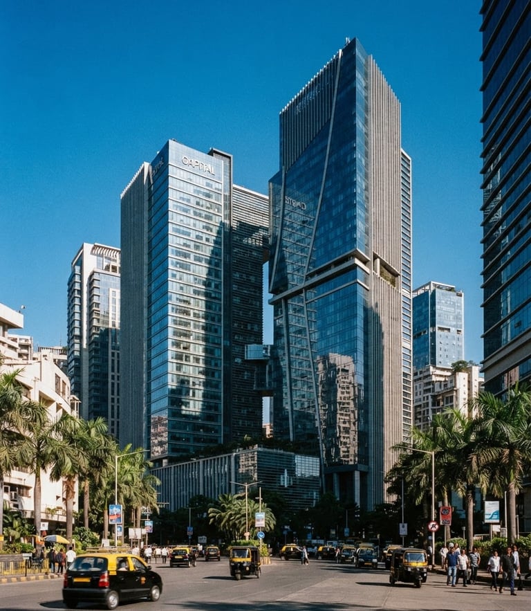 A high-contrast wide environmental shot of modern Mumbai office skyscrapers reflecting bright natural daylight, crisp architectural shadows, 35mm