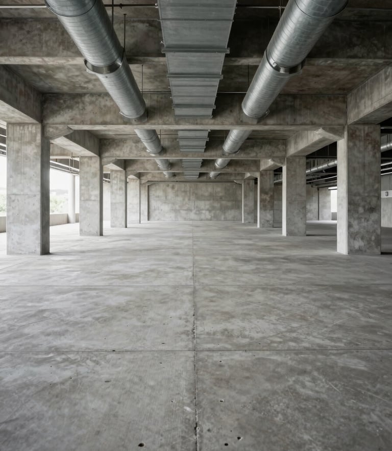 Symmetrical one-point perspective of a massive, raw concrete floor plate with exposed steel columns and pristine overhead HVAC ductwork, high-contrast natural light.