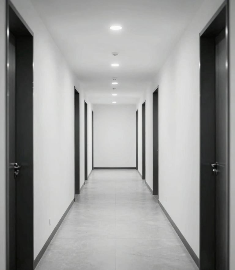 Wide, symmetrical shot of a newly finished corporate corridor, clean lines, pristine white walls contrasting with charcoal structural columns, cool clinical lighting.