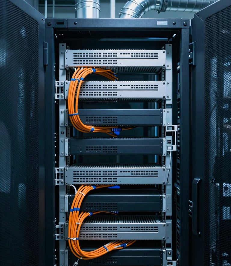 Symmetrical close-up of pristine server rack cabling and clean industrial HVAC ductwork in a modern technical room, cool blue and safety orange lighting, high-contrast details