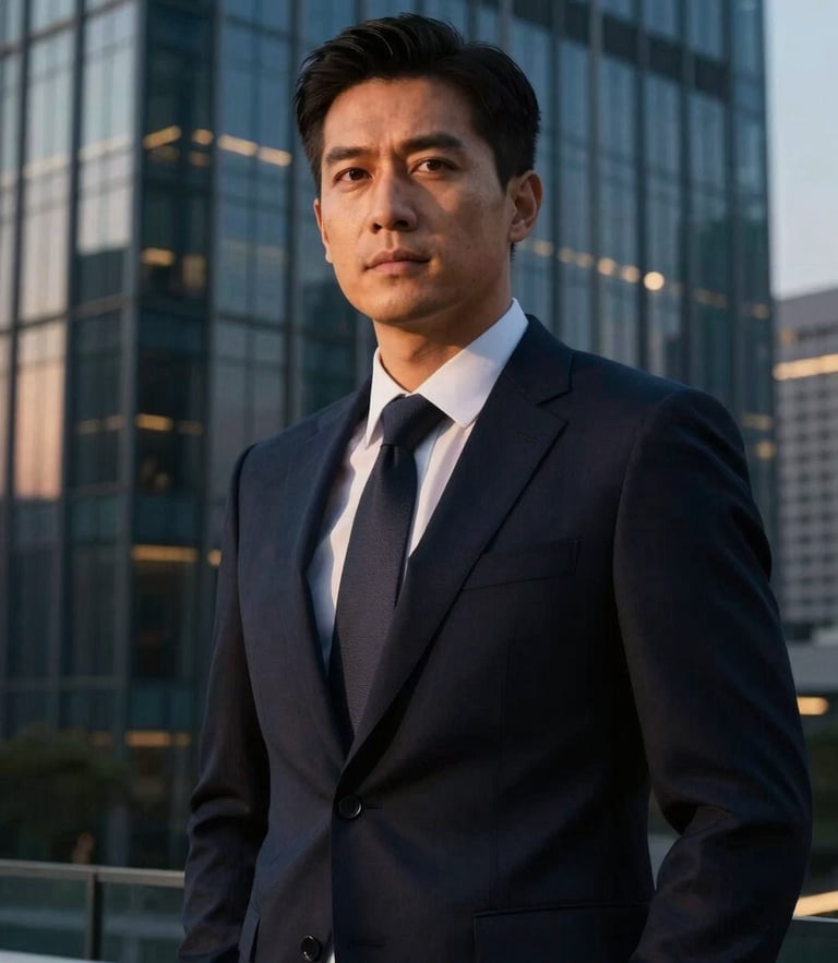 Editorial portrait of a high-end financial consultant in a dark navy suit, warm side light, background of modern high-rise glass windows at dusk, cinematic 35mm.