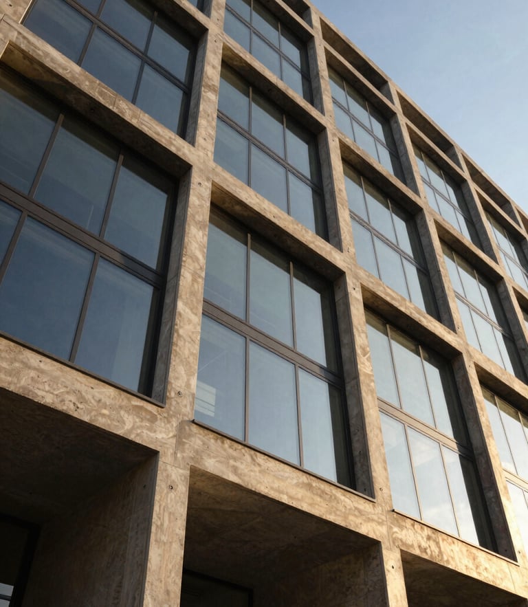 Low-angle heroic shot of a modern concrete and glass building facade, dramatic golden hour light reflecting off structural steel joins, professional architectural photography.