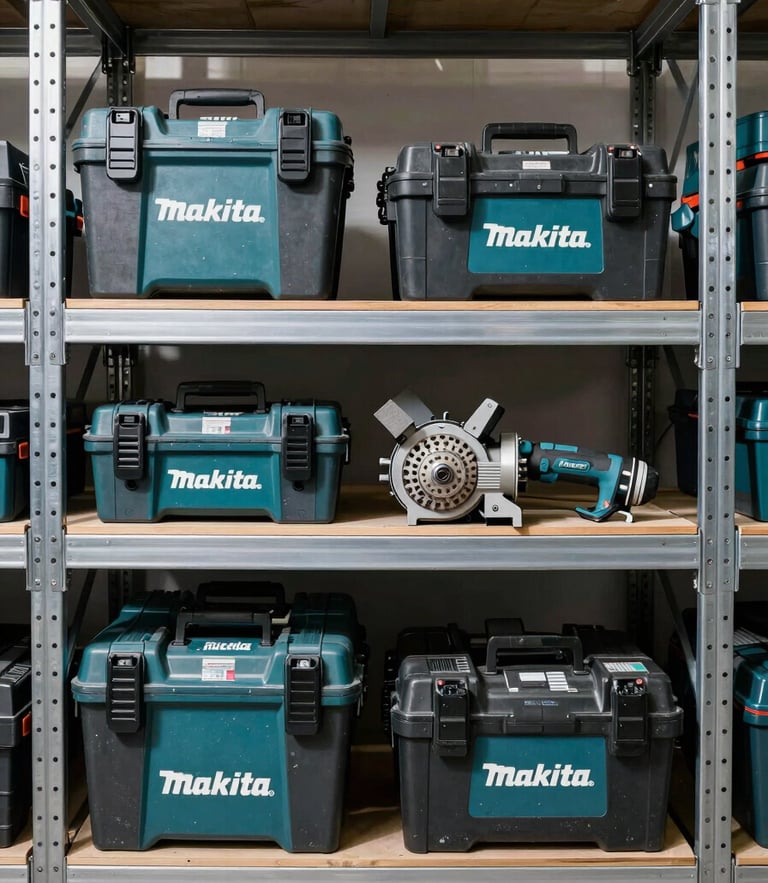 A straight-on, high-contrast shot of stacked Makita power tool boxes and heavy-duty industrial grinders organized on clean steel warehouse shelves, bright daylight.