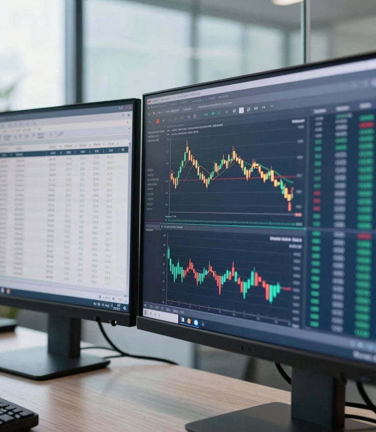 Macro close-up of dual-monitor setups displaying complex data tables and financial charts in a clean Bengaluru office, cool daylight, glass reflections