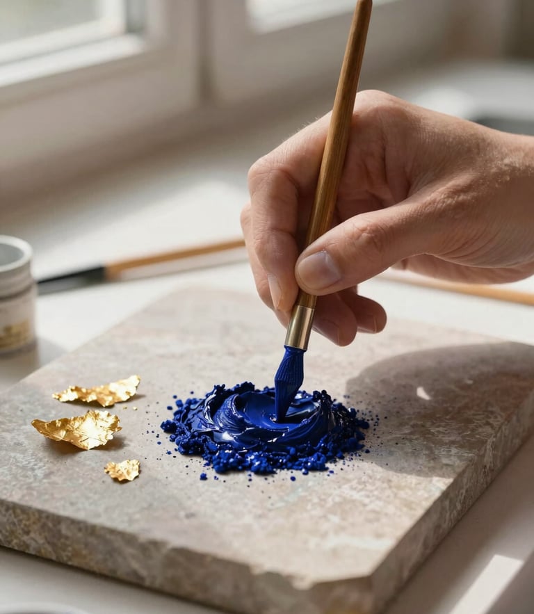Hands of an artist mixing natural lapis lazuli pigment on a stone slab, soft directional window light, gold leaf fragments nearby, 35mm