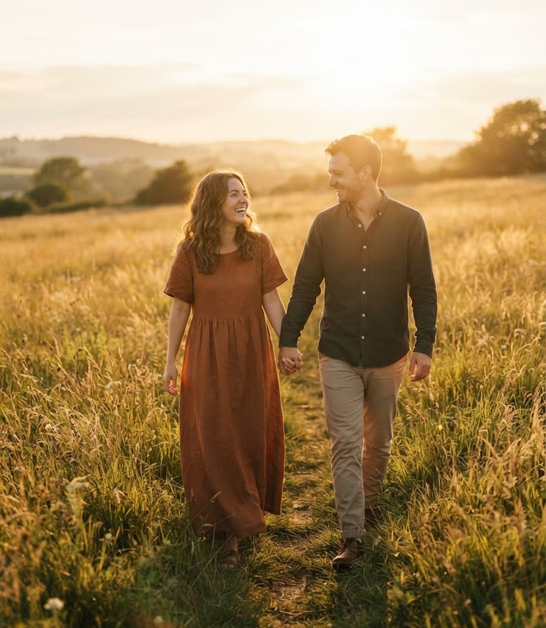 A couple walking hand-in-hand through a golden hour field, warm sun-drenched backlight, soft natural flare, candid interaction, 35mm film aesthetic