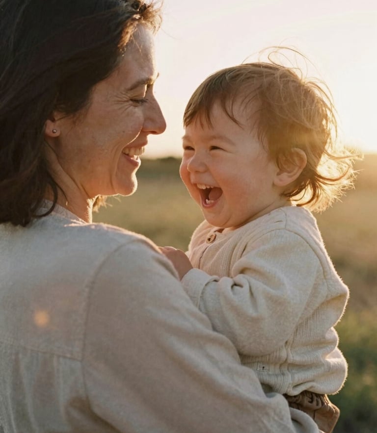 A mother holding her toddler close, both laughing under a warm golden-hour sun, soft natural flare, wind-blown hair, 35mm film aesthetic