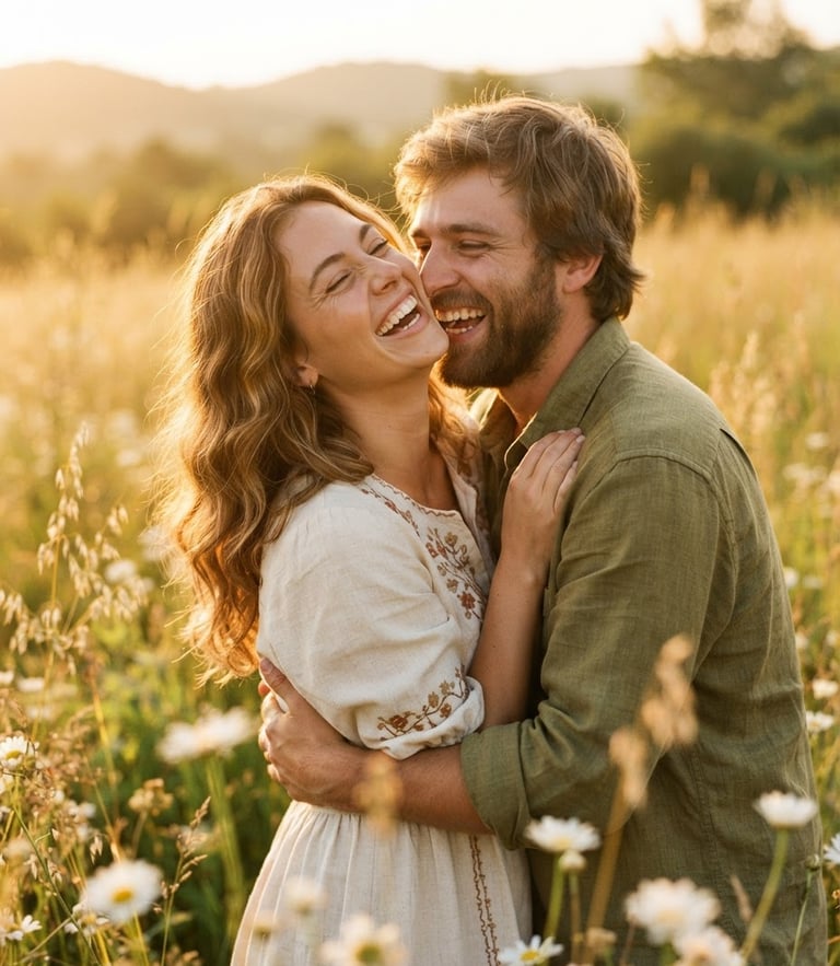 A candid, close-up shot of a couple laughing together in a meadow, warm golden hour sun-drenched backlight, soft earthy tones, 35mm film aesthetic, shallow depth of field
