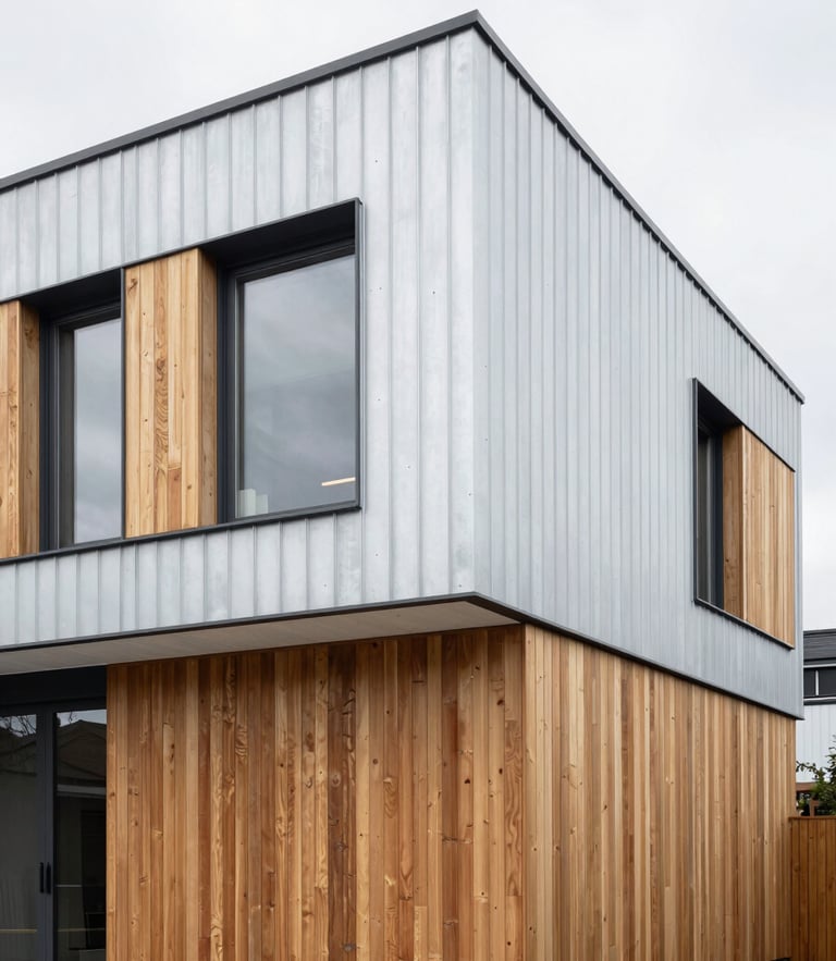 Architectural photograph of a modern residential home featuring premium zinc and wood cladding, crisp daylight, sharp detail, 35mm lens