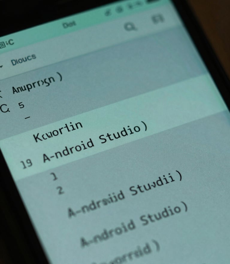 Close-up macro shot of an Android device showing a clean Kotlin code snippet in Android Studio, backlit with cool mint-green and slate-blue tones.