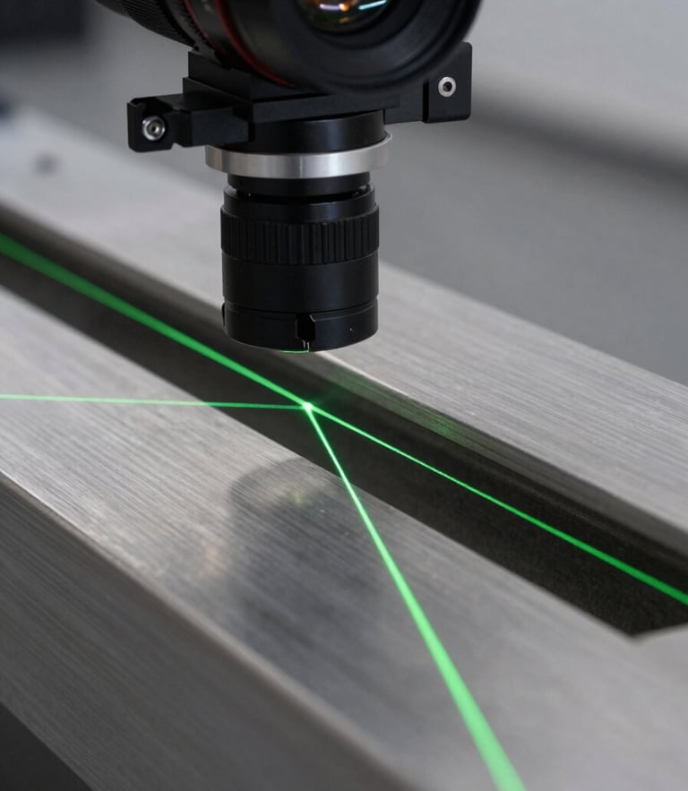 Extreme close-up of an industrial camera mounted on a steel beam, high-contrast directional lighting, sharp green laser lines projecting onto a metallic surface.