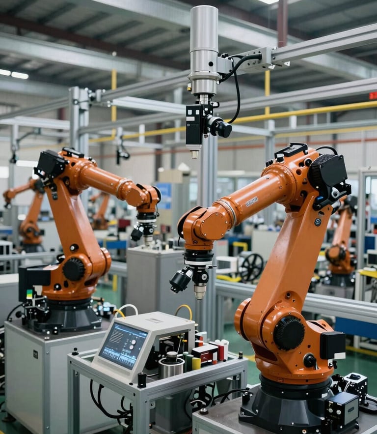 High-angle wide shot of a modern industrial manufacturing facility in Nagpur, India, with automated robotic arms and precision cameras mounted on steel beams.