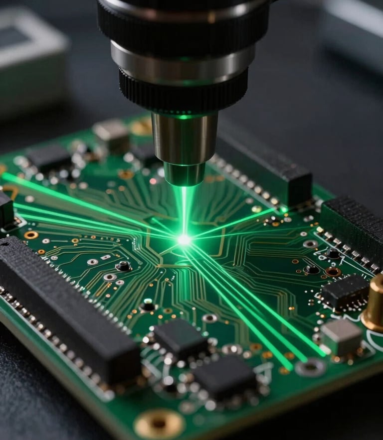 Extreme close-up of a printed circuit board under sharp green laser-calibration lines, dark-room laboratory setting, dramatic directional lighting.